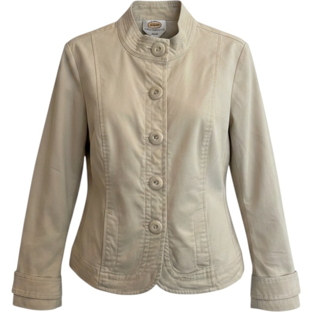 Talbots Jacket Women 12P Khaki Beige Mock Neck Cotton Stretch Button Up 2327
